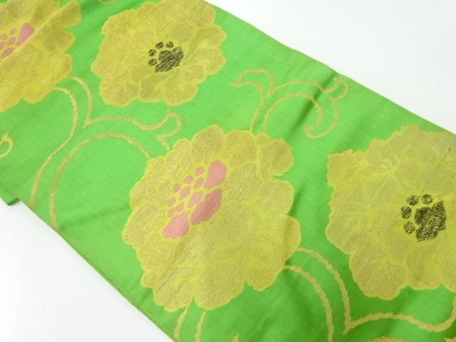 JAPANESE KIMONO / ANTIQUE NAGOYA OBI / SILK / WOVEN PEONY & ARABESQUE